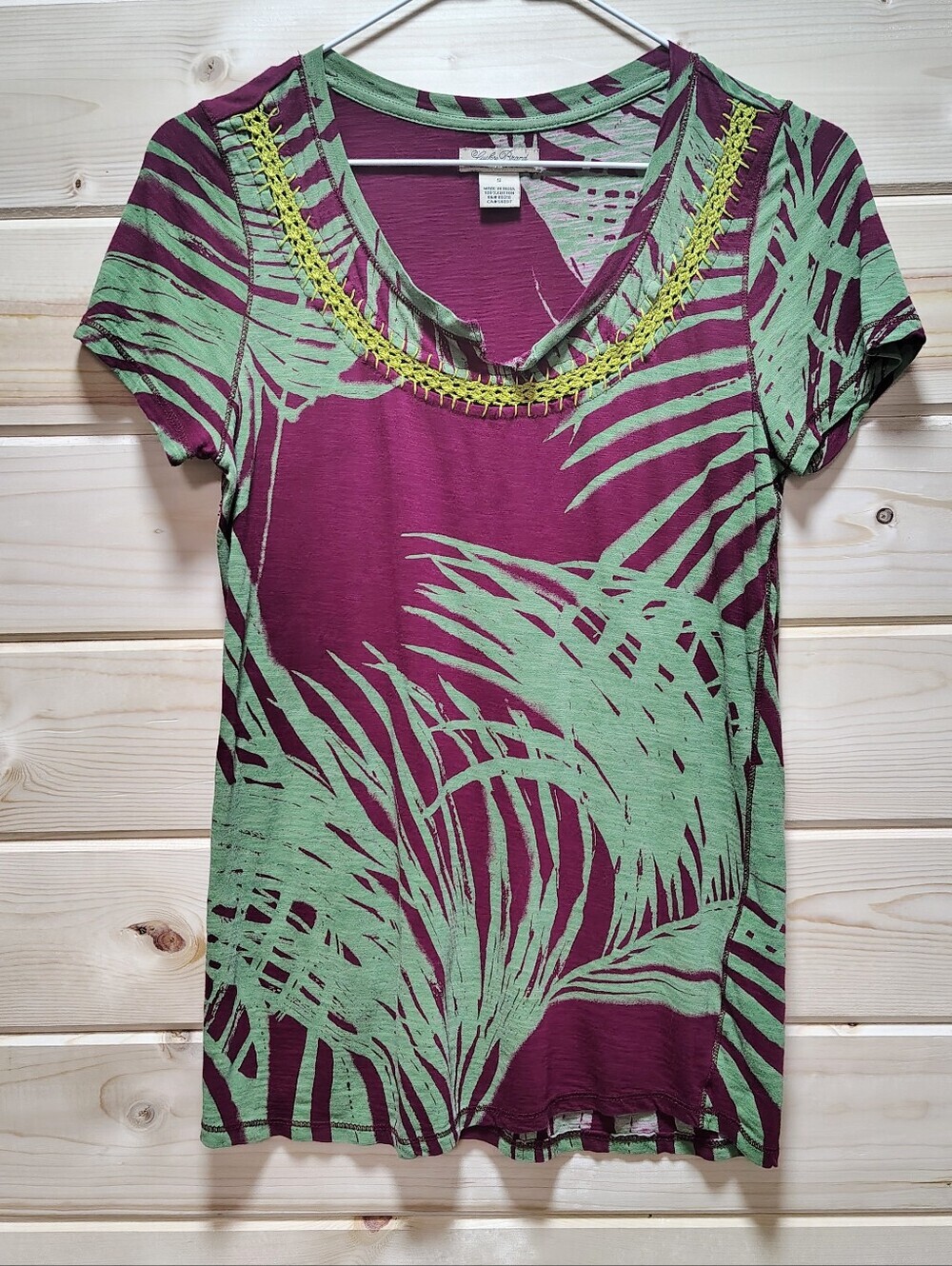 Lucky Brand Tropical Palm Print Crochet Trim Top Small 100% Cotton Boho Cut Neck